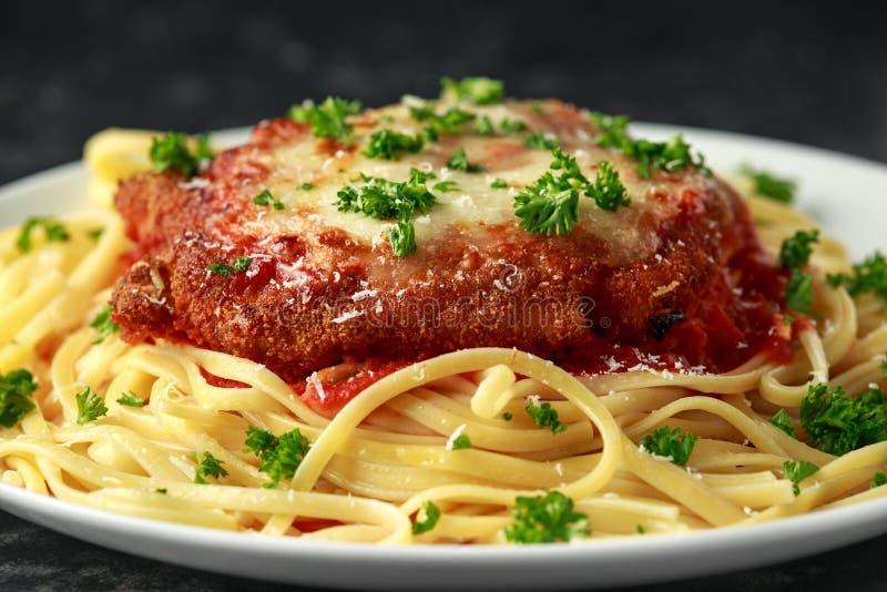 Chicken Parmesan with Cheese and Marinara Sauce Served Over Spaghetti, Pasta Stock Image Image