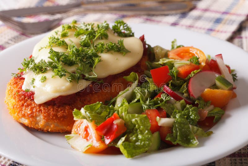 Chicken Parmigiana and fresh vegetable salad close-up on the table. horizontal