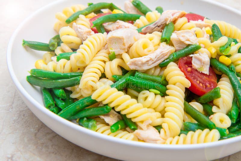 Chicken pasta salad with green beans and corn