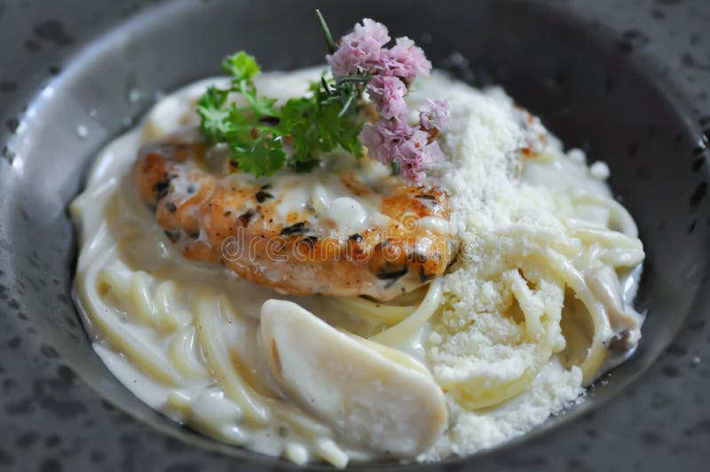 Chicken pasta, chicken spaghetti in white cream sauce. Italian pasta spaghett stock images, royalty-free photos and pictures