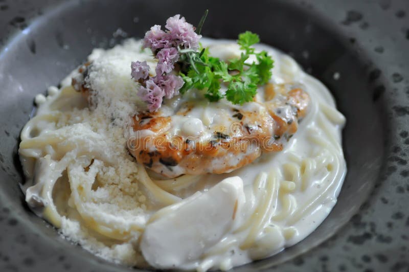 Chicken pasta, chicken spaghetti in white cream sauce. Italian pasta spaghett stock images, royalty-free photos and pictures