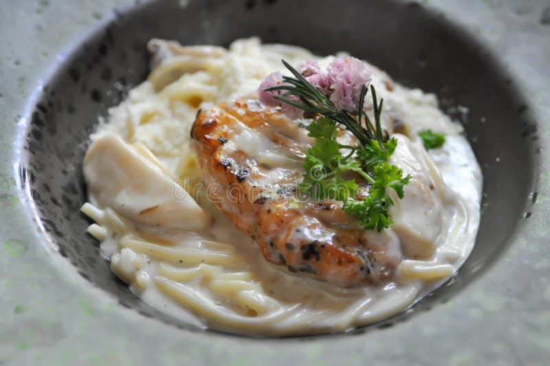 Chicken pasta, chicken spaghetti in white cream sauce. Italian pasta spaghett stock images, royalty-free photos and pictures