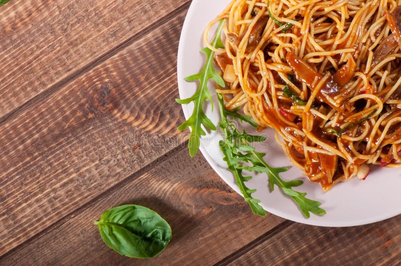 Chicken Pasta with Tomato Sauce and Spices Stock Photo Image of fried