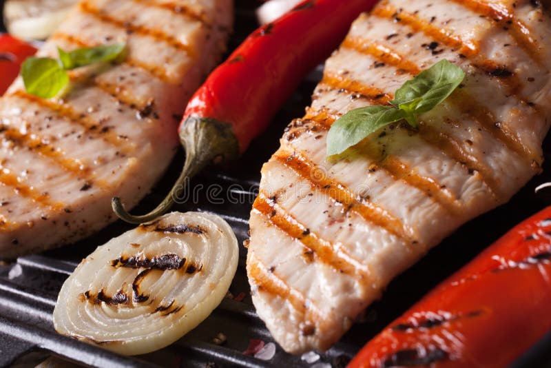 Chicken with Peppers, Tomatoes and Onions in a Pan Grill Macro Stock