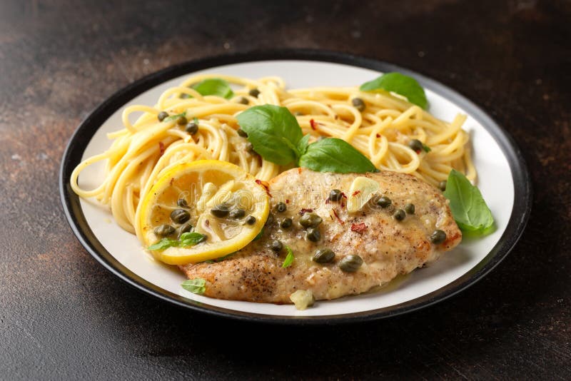 Chicken Piccata with Capers, White Wine Sauce and Spaghetti. Italian ...