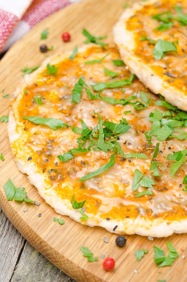Chicken Pizza with Tomato Sauce, Cheese and Parsley, Vertical Stock
