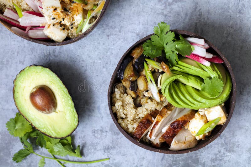 Chicken, Quinoa and Avocado in Coconut Bowl Stock Image Image of