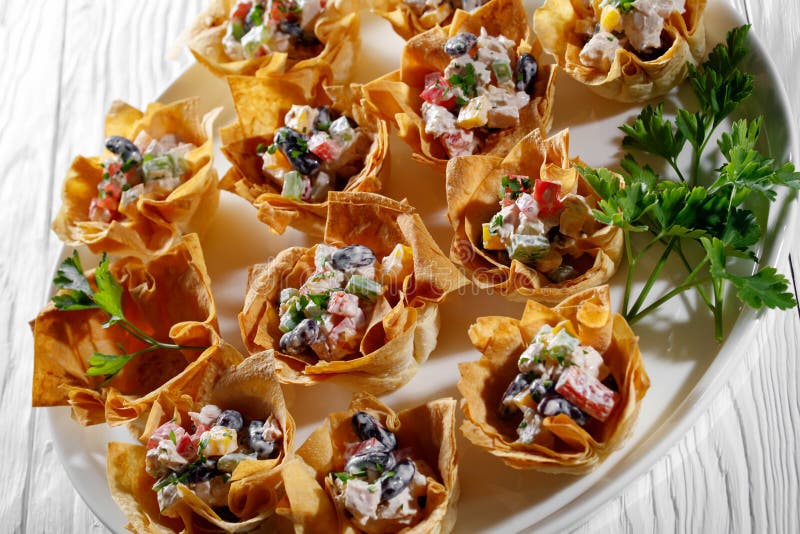 Chicken Red Bean Avocado Salad Wonton Cups Stock Image Image of