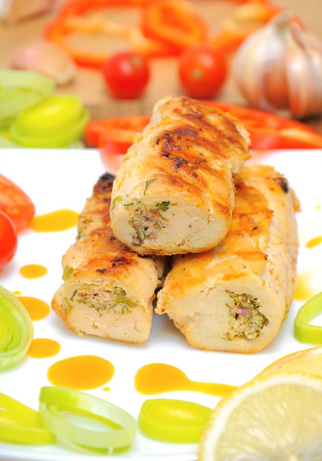 Chicken Roll Stuffed with Pumpkin and Nuts Stock Photo - Image of meat ...