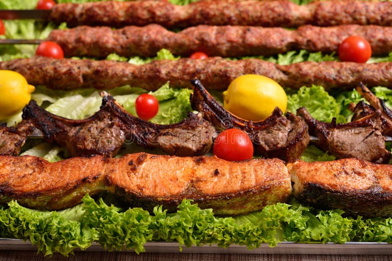 Chicken, Salmon and Meat Shish Kebabs on Parchment Stock Photo Image