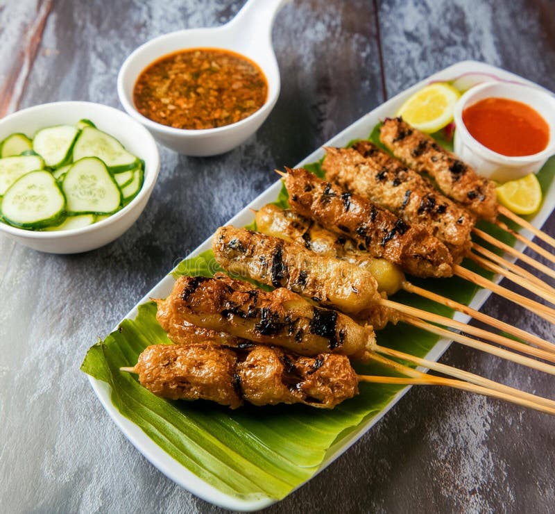Chicken Satay Skewered by Bamboo Stick Served on Banana Leaves with Chicken Satay Skewered by Bamboo Stick Served on Banana Leaves with