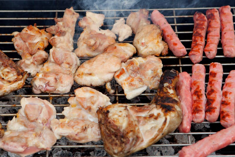 Chicken and Sausages on the Barbecue Stock Photo Image of cooking