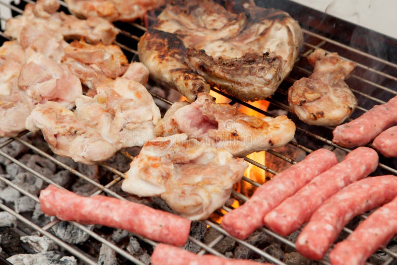 Chicken and Sausages on the Barbecue Stock Photo Image of heat