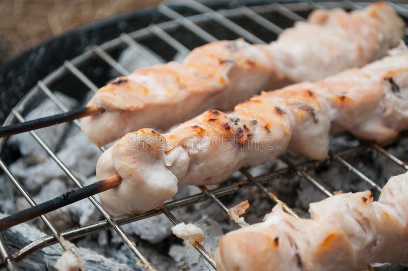 Chicken Skewers on Barbecue in Outdoor Stock Photo - Image of garden ...