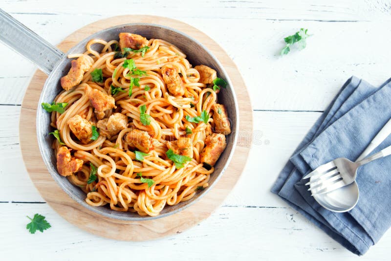 Chicken Spaghetti Pasta with Tomato Sauce Stock Photo - Image of herbs ...