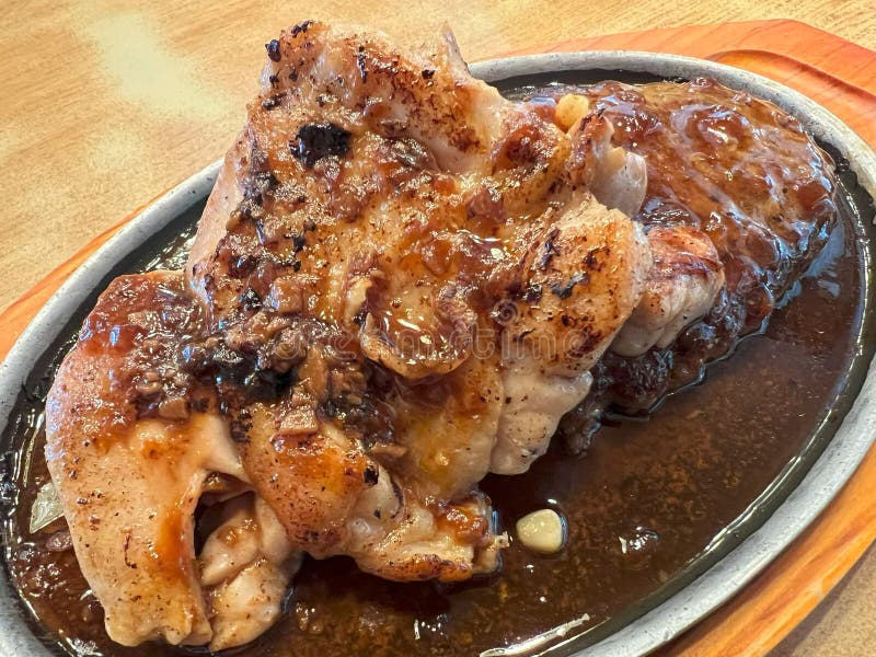 Chicken Steak with Sauce on a Sizzling Plate. Stock Photo Image of