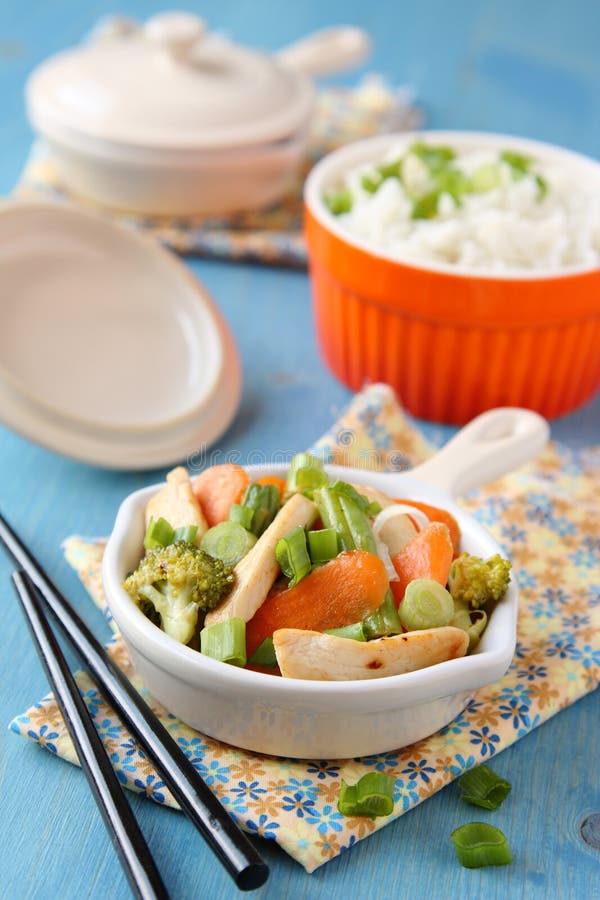 Chicken Stir Fry with Vegetables and Rice Stock Image - Image of cooked