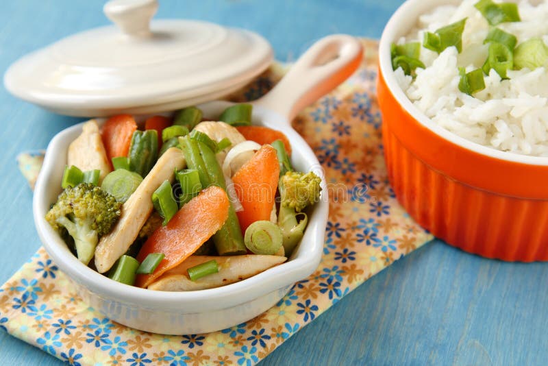 Chicken Stir Fry with Vegetables and Rice Stock Photo - Image of
