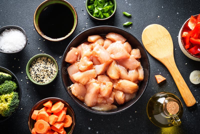 Chicken Stir Fry with Vegetables and Sesame. Stock Photo - Image of