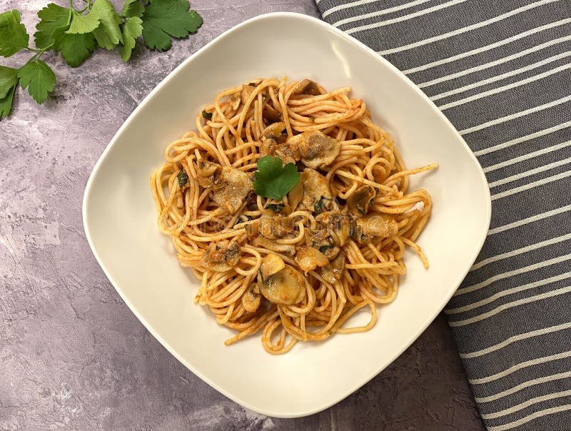Chicken Strips with Mushroom and Spaghetti Pasta. Stock Image Image