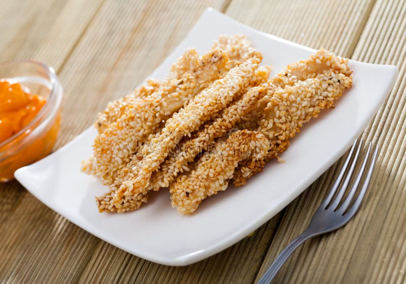 Chicken Strips in Sesame with Sauce Stock Image Image of chicken, fillet 202191475