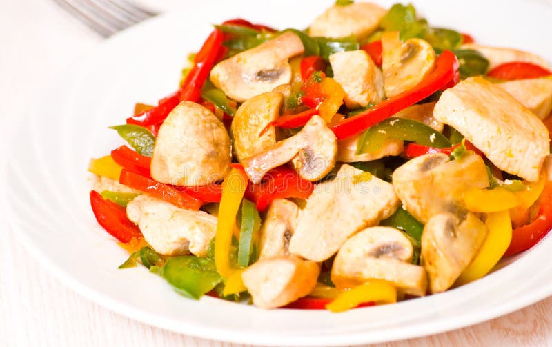 Chicken with Sweet Peppers and Mushrooms Stock Image Image of