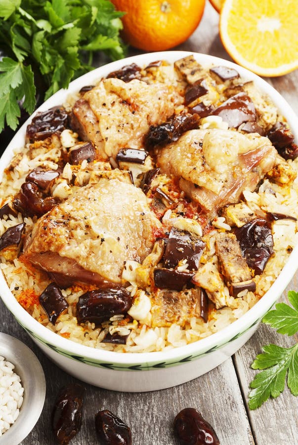 Chicken Thigh Baked with Rice, Eggplant and Figs Stock Photo Image of