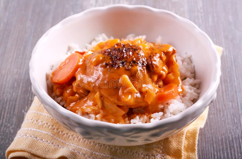 Chicken Thigh with Gravy Over Rice Stock Photo - Image of sauce, meat