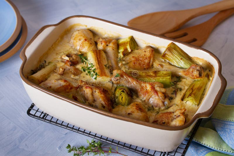 Chicken Thighs and Legs in Sour Cream Sauce with Leek and Thyme. Stock