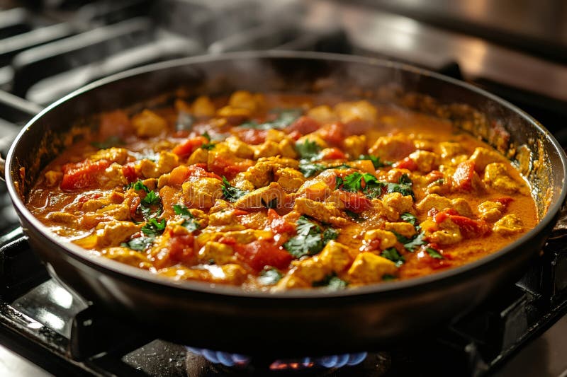 Chicken tikka masala lagar i panna på gasspisar stock illustrationer