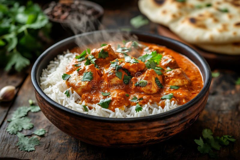 Chicken Tikka Masala med basmatiris och naan stock illustrationer