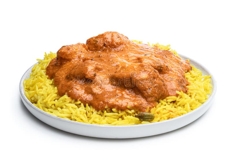 Chicken Tikka Masala with Pilau Rice Isolated on White Stock Image