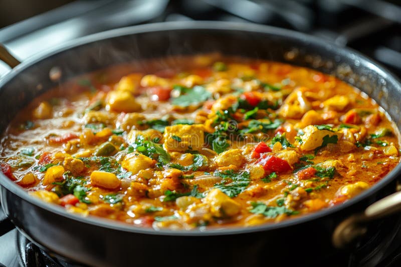 Chicken tikka masala simmering i en panna stock illustrationer