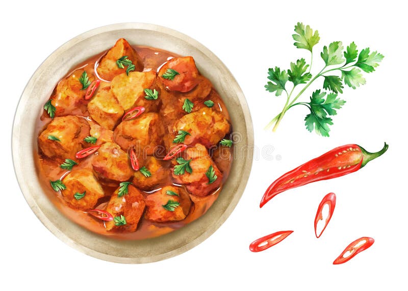 Chicken tikka masala traditionell maträtt i indianska livsmedel. Vattenfärgillustration vektor illustrationer