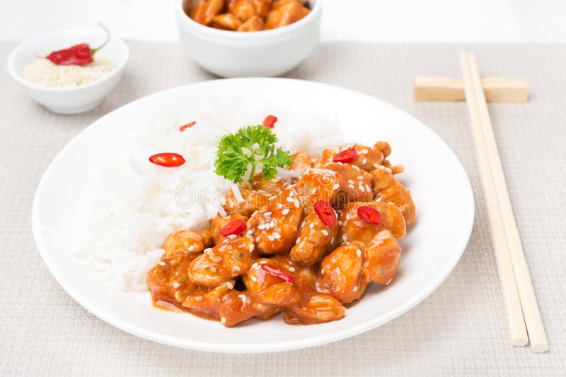 Chicken in Tomato Sauce with Sesame Seeds and Rice Stock Photo Image of cuisine, food 34056112