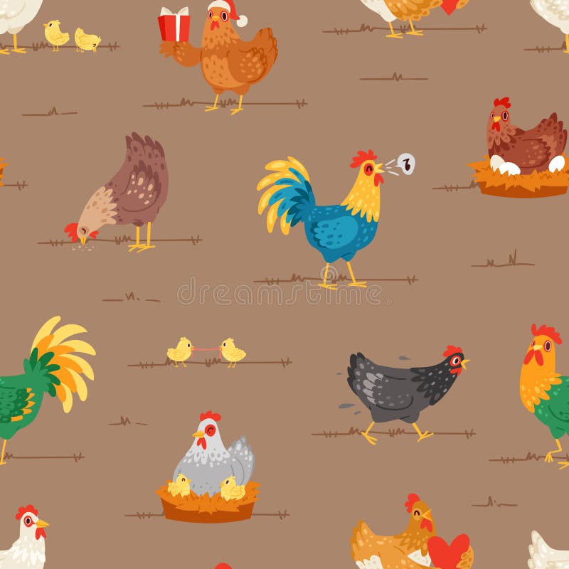 Chicken vector cartoon chick character hen and rooster in love with baby chickens or hen sitting on eggs in hen-coop