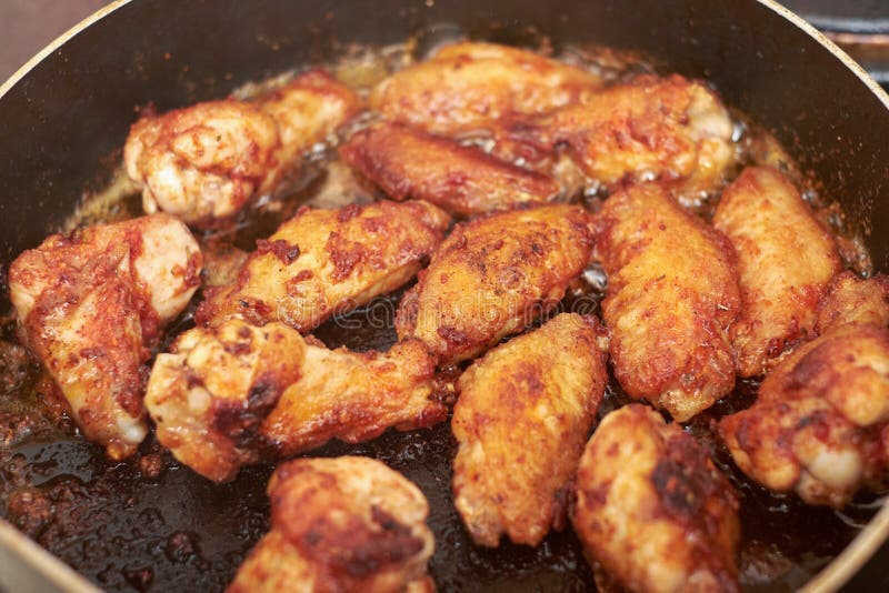 Chicken Wings Frying with Oil on a Hot Pan Stock Photo Image of