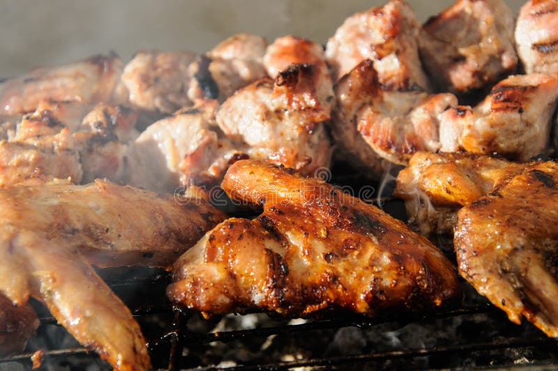 Chicken Wings and Juicy Roasted Kebabs and on the BBQ Stock Image ...