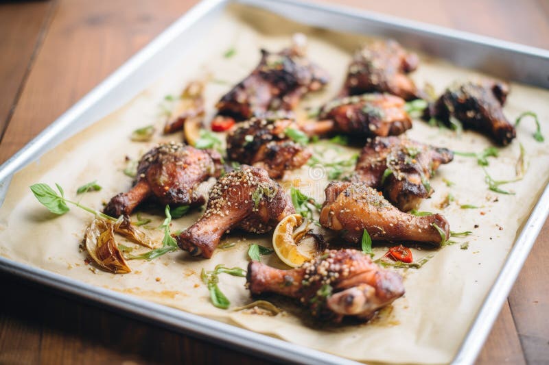 Aripi de pui marinate în plante aromatice pe foi de coacere royalty free stock images