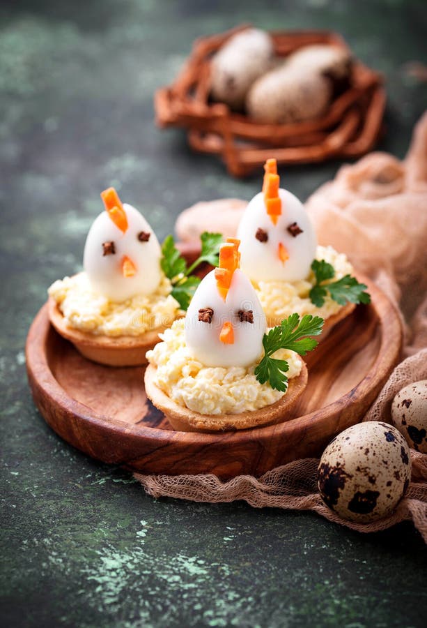 Chickens from eggs. Easter appetizers for party royalty free stock photo