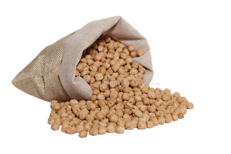 Chickpeas or Garbanzo Beans in Burlap Bag Isolated on White Background