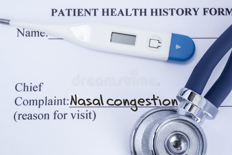 Chief complaint nasal congestion. Paper patient health history form, on which is written the complaint nasal congestion as the mai stock photos Chief complaint nasal congestion. Paper patient health history form, on which is written the complaint nasal congestion as the mai stock photos