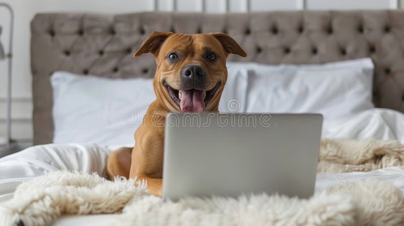 Dog laying in bed, with open laptop, watching or working from home concept. AI generated. Dog laying in bed, with open laptop, watching or working from home concept. AI generated