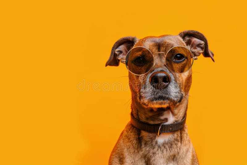 Chien brun portant des lunettes de soleil rondes sur fond jaune images stock