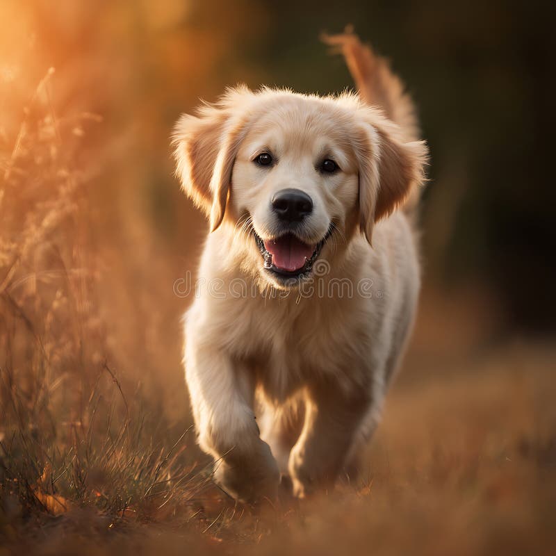 Chien d'or courant à travers l'heure dorée prairie dehors souriant adorable animal de compagnie bonheur et expres joyeux illustration de vecteur
