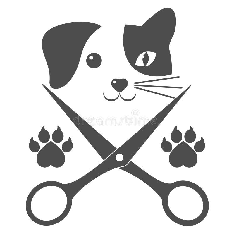 Cute dog and cat with scissor and paws on a white background. Cute dog and cat with scissor and paws on a white background.