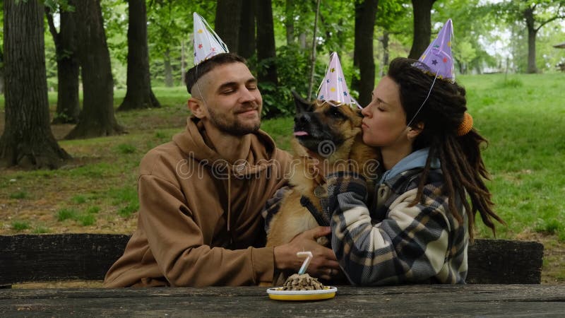 Chien fête l'anniversaire en famille. jeune couple embrasse berger allemand des deux côtés dans le parc vert de printemps. chien banque de vidéos