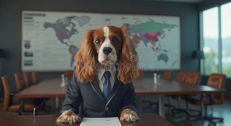 Chien généré habillé en costume assis à une table de conférence dans un bureau moderne avec une carte du monde illustration stock