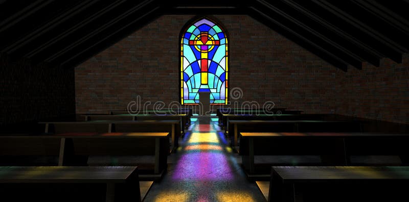 A dim old church interior lit by suns rays penetrating through a stained glass window in amongst rows of church pews. A dim old church interior lit by suns rays penetrating through a stained glass window in amongst rows of church pews