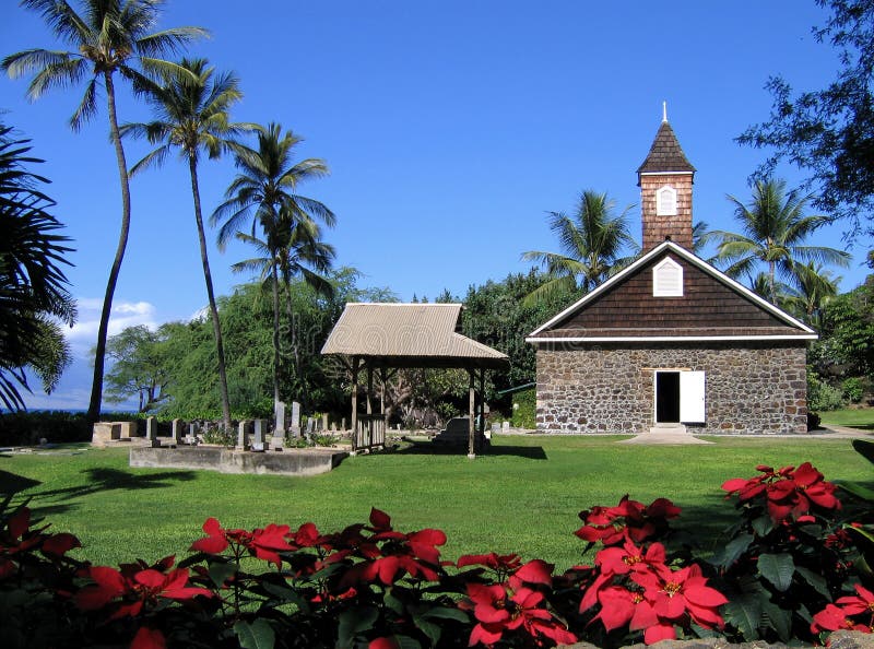 Keawala'i Congregational Church with poinsettias in Makena, Maui, Hawaii. Keawala'i Congregational Church with poinsettias in Makena, Maui, Hawaii